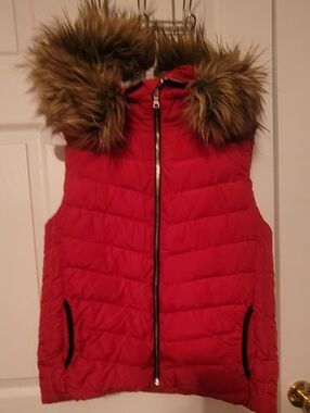Gap Red Puffer Vest with Faux Fur Hood